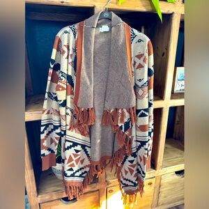 Tasha Polizzi Aztec print draped fringe sweater